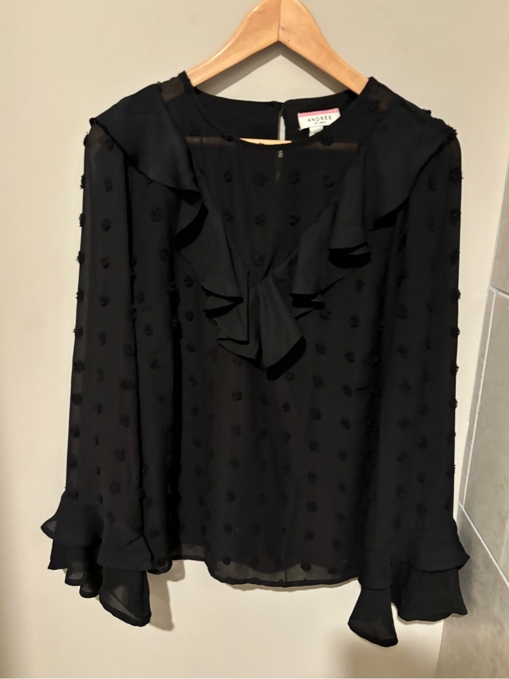 ANDREE BY UNIT Black Swiss Dot Ruffle Neck Blouse